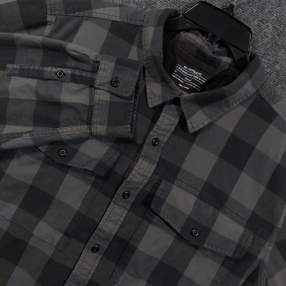 REI Cooperative Shirt Mens 3XL Gray Plaid Flannel Long Sleeve Button Up Outdoor